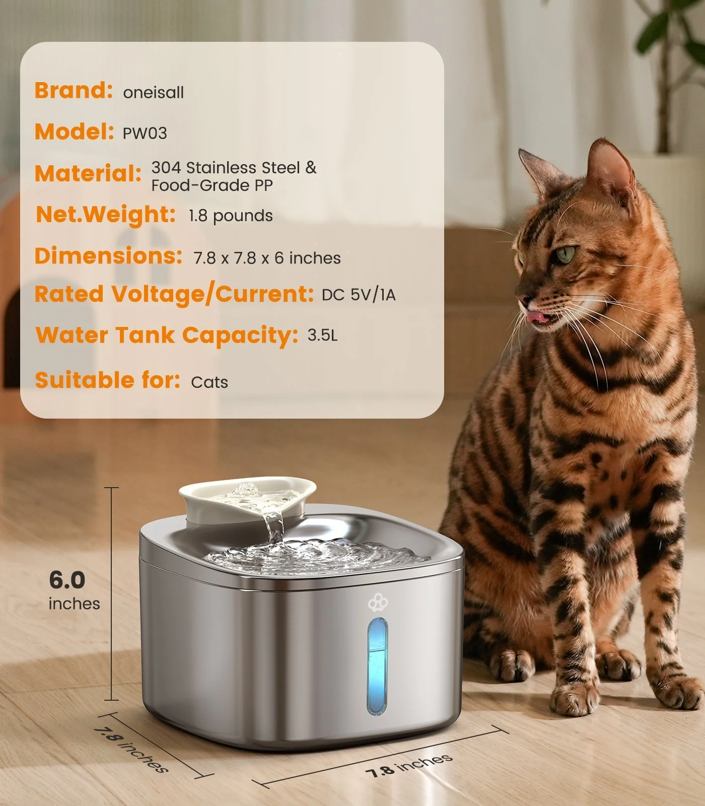 Oneisall 3.5L Corded Pet Water Fountain with 3PCS Filters - Image 9