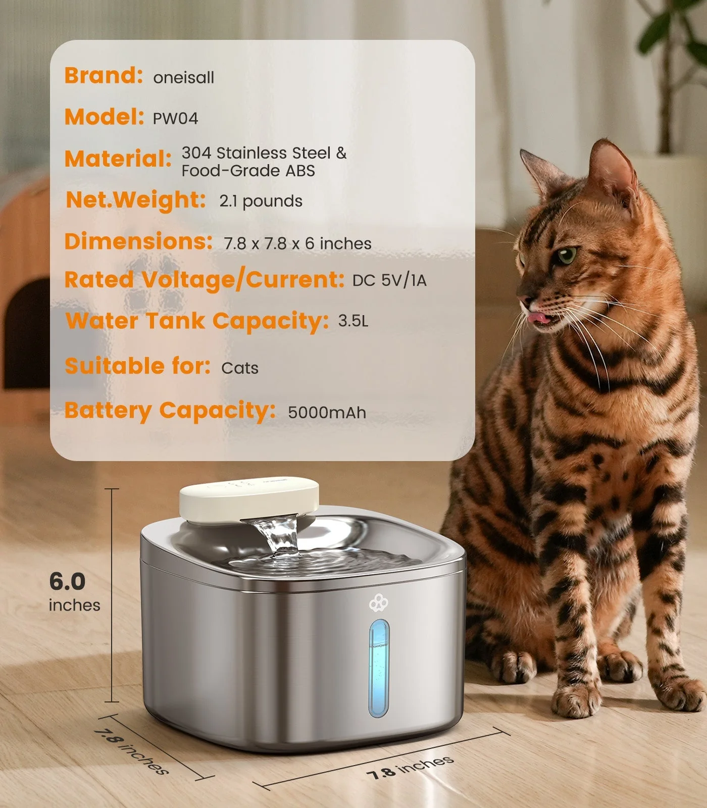 Oneisall 7L Pet Water Fountain with Visual Water Level - Image 22